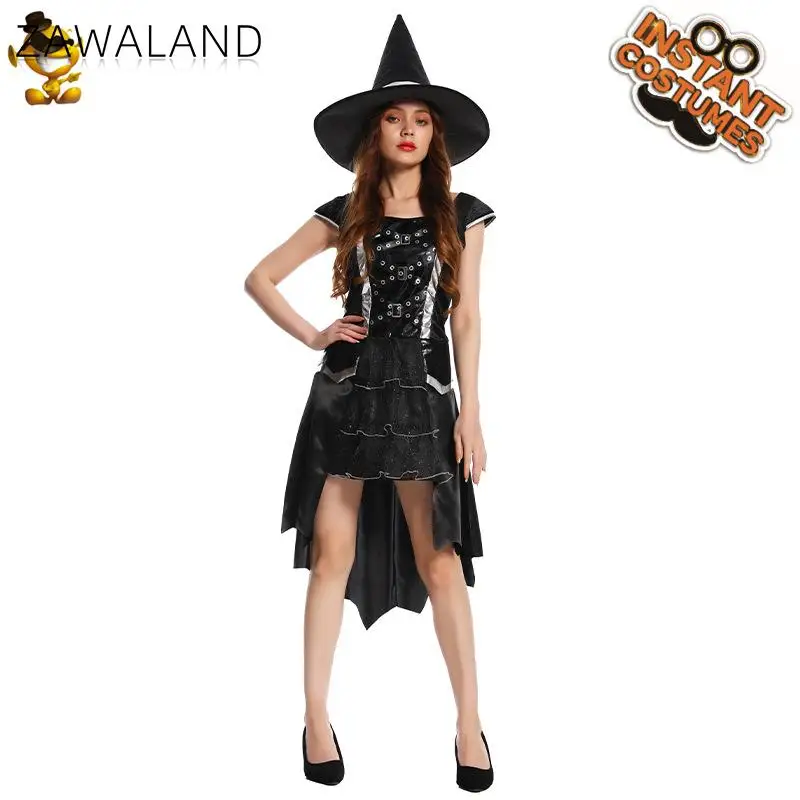 

Zawaland Holiday Party Cosplay Black Witch Costume Women Fashion Flounce Dress Suit Female Funny Stage Costume Clothes Clothing