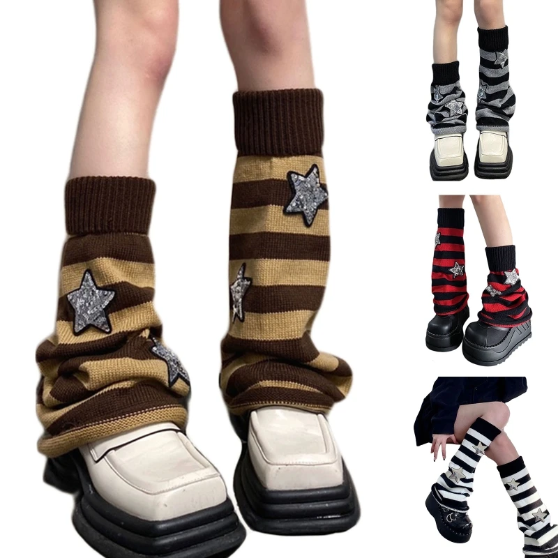 Harajuku Women Sequins Decorate Leg Warmer Striped Knee High Socks