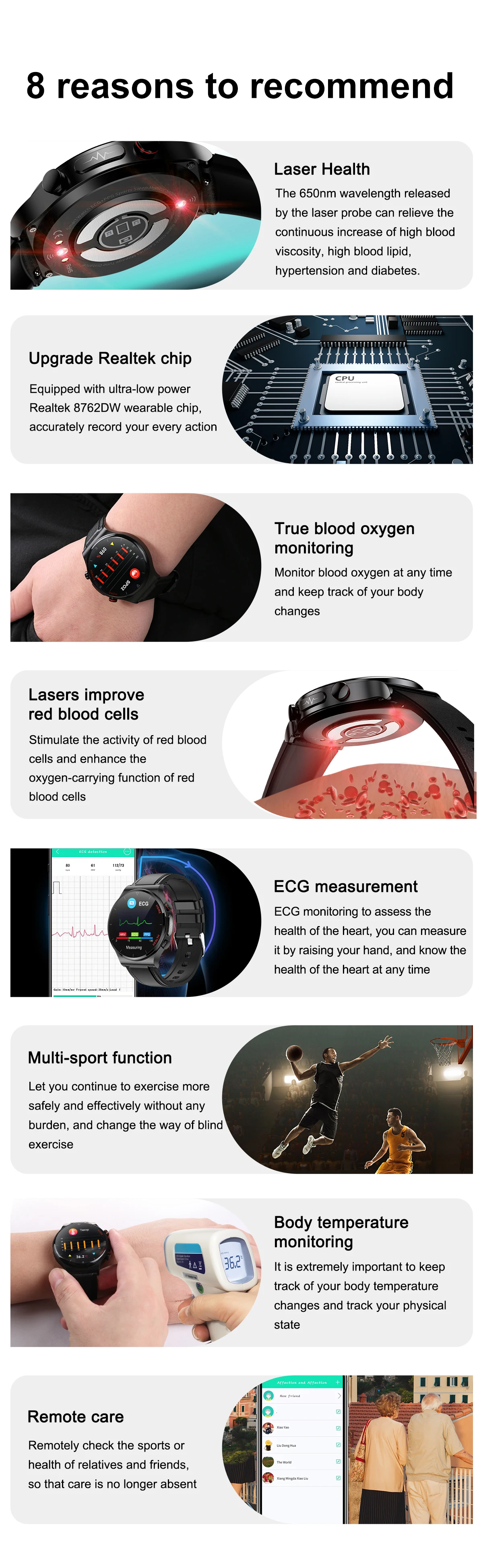 VWAR Men Smart Watch Laser Treatment Health Fitness Tracker ECG Heart Rate Blood Pressure Waterproof Smartwatch for IOS Andro
