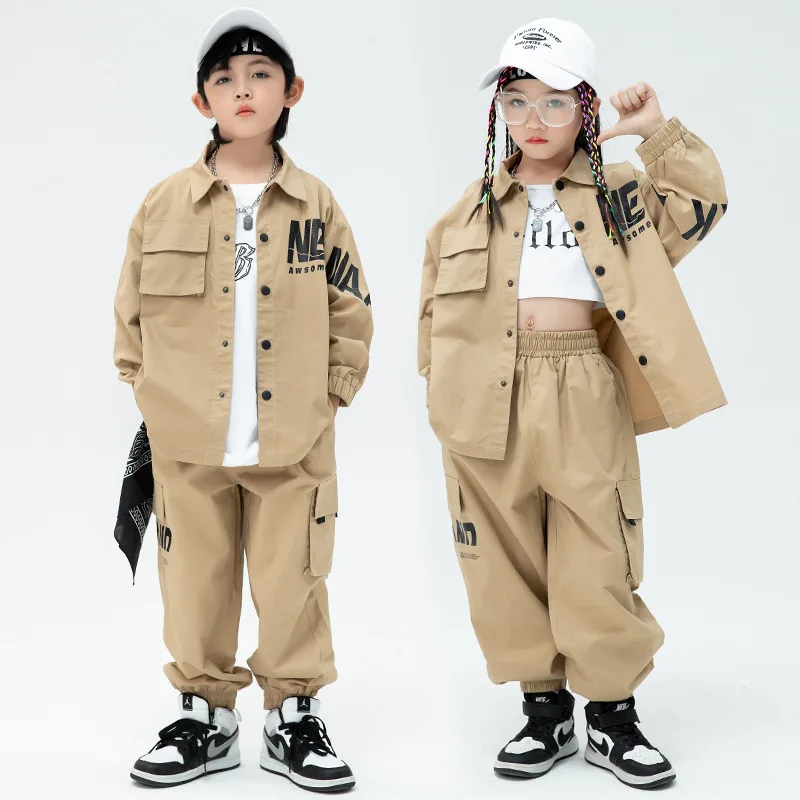 Boys Street Dance Loose Jacket Khaki Cargo Pants Girls Hip Hop Shirt Clothes Sets Child Joggers Kids Streetwear Jazz Costumes