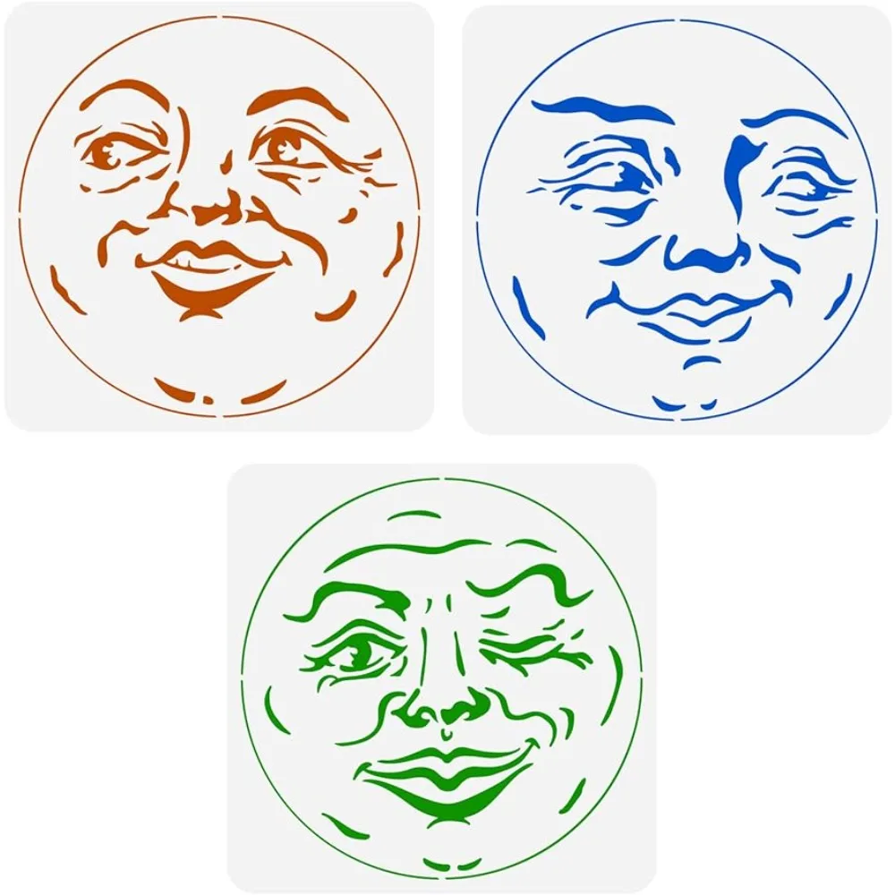 3Pcs Moon Face Painting Stencil 11.8X11.8 Pollici Plastica Scava Fuori Full Moon Stencil Wacky Faces Stencil Artigianali Parete Riutilizzabile