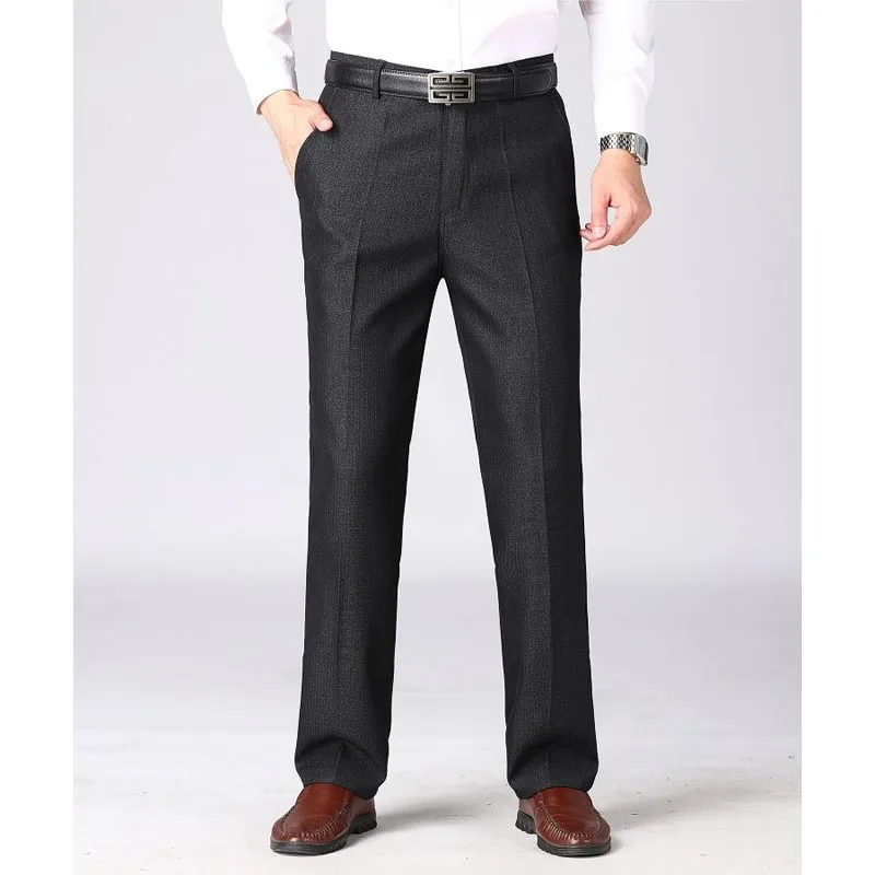 2023 Casual Men's Solid Color Straight Pants Autumn Winter Male Clothes Business Office Pockets Mid Waist Thickening Trousers