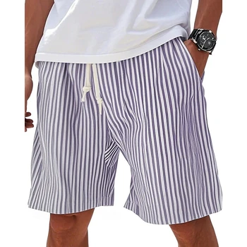 Minimalist Men Blue White Striped Beach Shorts Casual Drawstring Swim Trunks For Summer Daily Wear Vacation Oversized Shorts 1