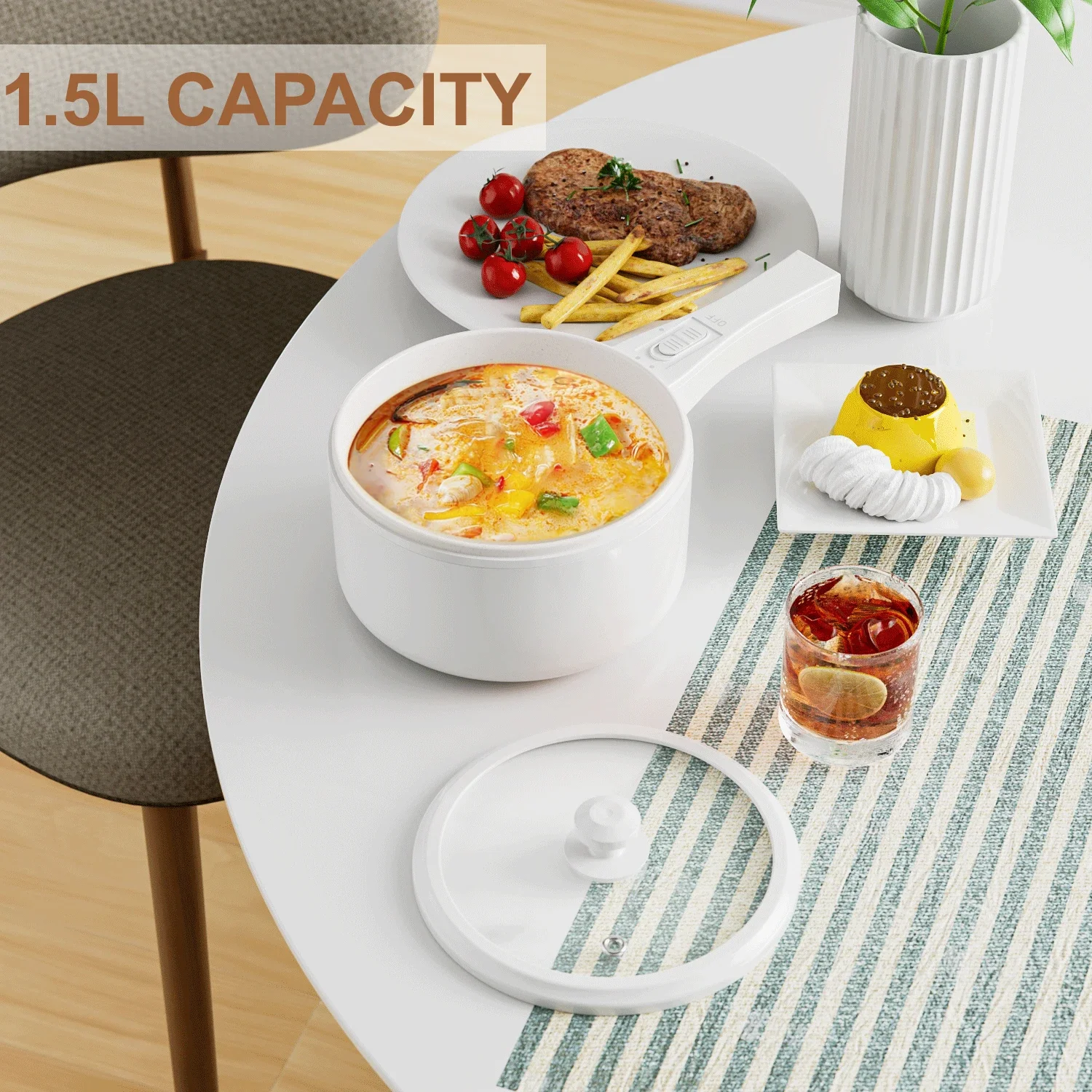 Hot Pot Electric with Steamer, Non-Stick Fryer Pan, 1.5L Rapid Noodles Electric Pot for Steak, Soup with Power Adjustment