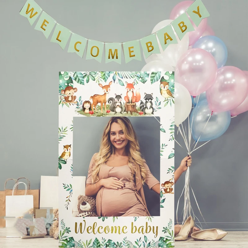 1Pcs Welcome Baby Forest Animal Paper Handheld Photo Prop For Baby Happy Birthday Gender Reveal Party Shower Decor Supplies