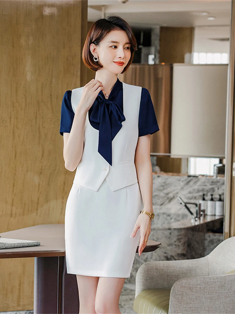 

Women 2 Piece Skirt and Top Sets Office Business Suits Work Uniform OL Styles Fashion Ladies White Waistcoat Vest