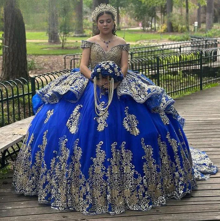 

Royal Blue Quinceanera Dresses Ball Gown Off The Shoulder Appliques Pearls Sweet 16 Dresses 15 Años Mexican