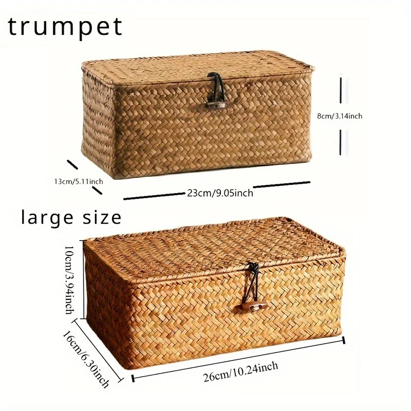 2PCS/Set【S+L】Hand Woven Straw Woven Vintage Storage Rack Basket, Desktop Storage Blue, Handheld Gift Box, Storage Organizers