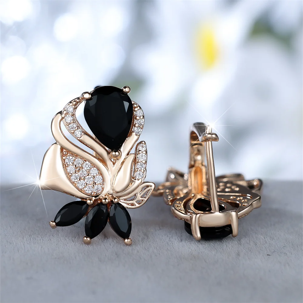 Vintage Black Crystal White Zircon Flower Hoop Earrings For Women Trendy Gold Color Ear Buckle Wedding Jewelry Engagement Gifts