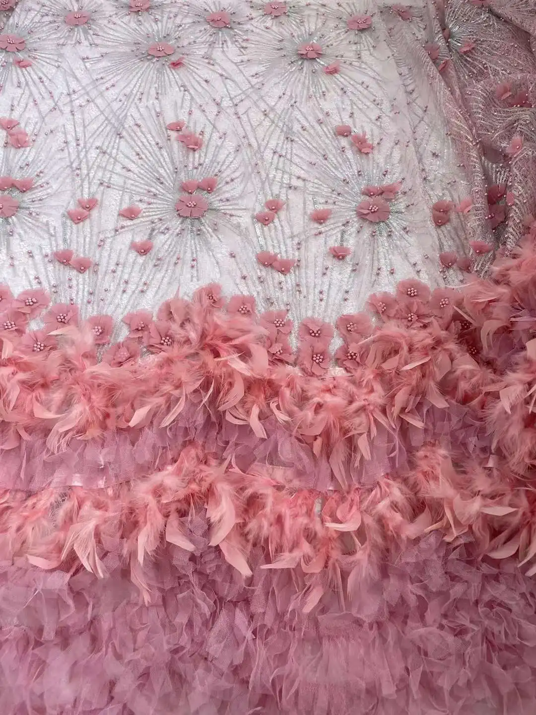 Beautiful African Sequins Lace Fabric High Quality French Nigerian Sequin Mesh Feather Lace Fabric 5 Yard For Wedding Party