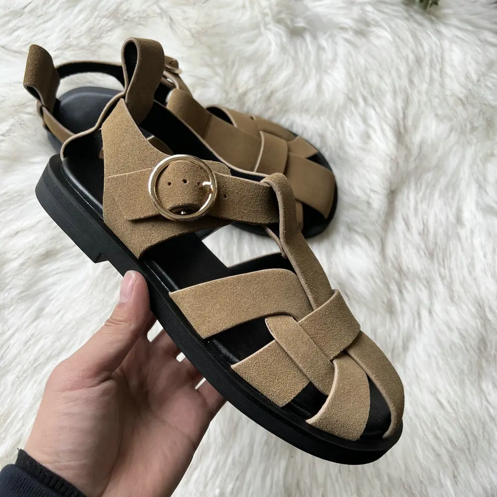 Women Genuine Leather Flats Heels Sandals Summer Round Toe Casual Shoes 34-43
