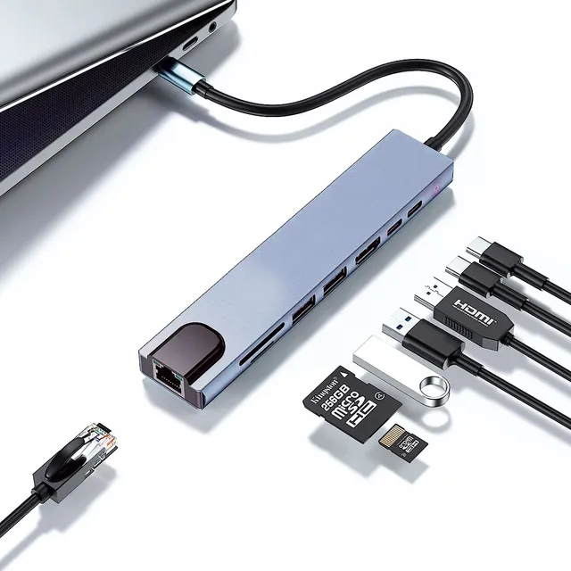 젠더 USB 허브 케이블, C 타입 8 인 1 멀티 허브, 8 포트 USB 3.0 이더넷 (USB * 2 타입 C * 2 이더넷 HDMI SD)