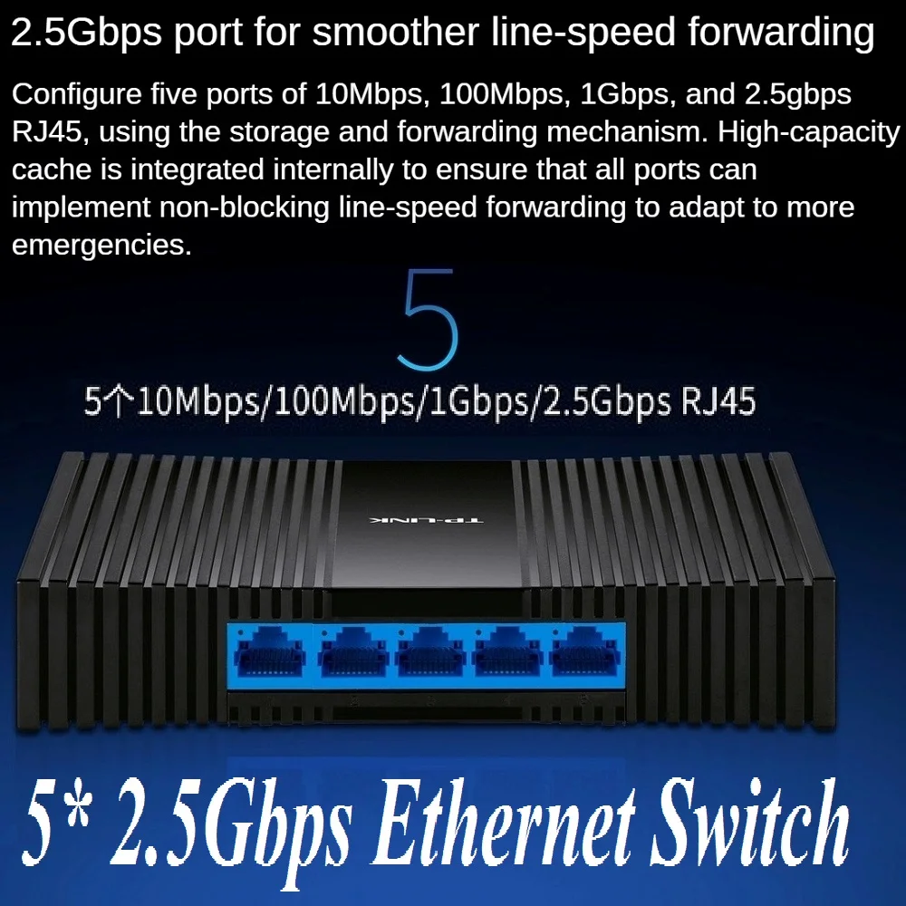 

5* 2500Mbps RJ45 Ports Desktop Ethernet Switch 2.5 Gigabit Ethernet Network Switch IEEE 802.3bz/3ab/3x 4K MAC address Plug&Play