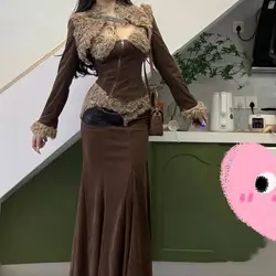 Vintage - Inspired Faux Fur Crop Top & Midi Skirt Set - Women's Casual Y2K Korean Fashion - S (Vintage Sets)