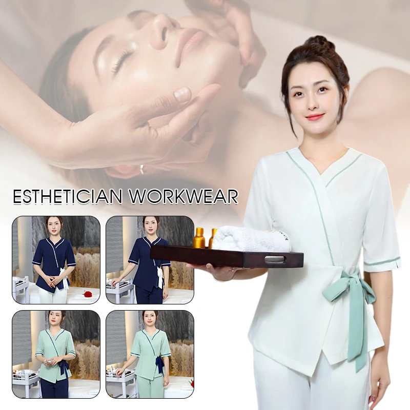

New Woman Beauty Salon Work Clothes Uniform V-neck Short Sleeve Spa Massage Sauna Foot Bath Workwear Beautician Uniforme Uniform
