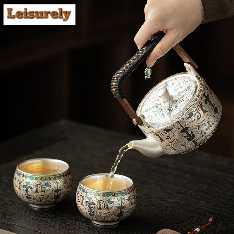 320ml Gilt Silver Dunhuang Bird Of Destiny Lifting Handle Teapot Zen Tea Infuser Pot Tea Soaking Kettle With Strainer Tea Set
