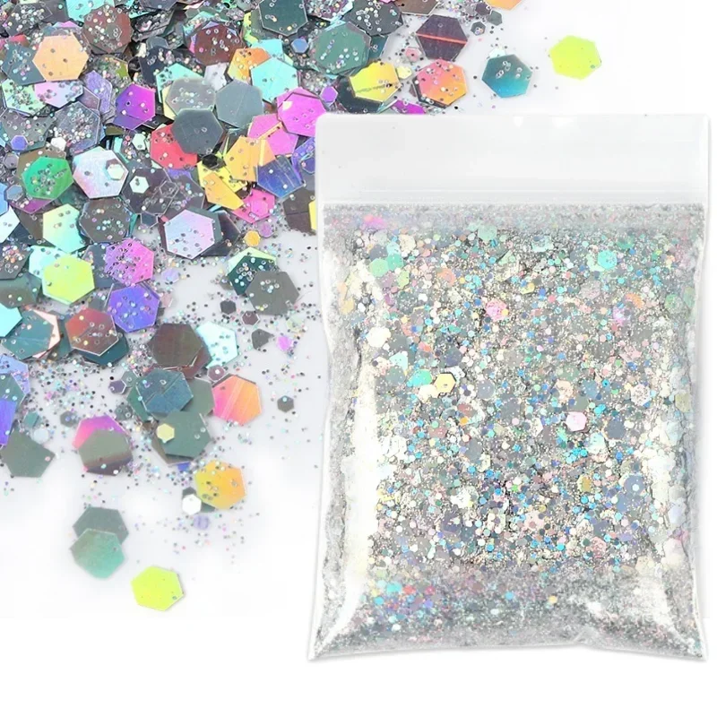 10G Nail Glitter Holographic Silver Chunky Mixed Hexagon Colorful Sequin Powder for Gel Polish Epoxy Resin DIY Nails Accessories