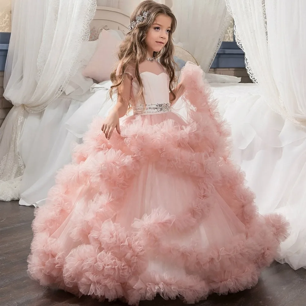 

New Flower Girl Dresses Blush Pink First Communion Gowns For Girls Ball Gown Cloud Beaded Pageant Gowns Vestido De Daminha