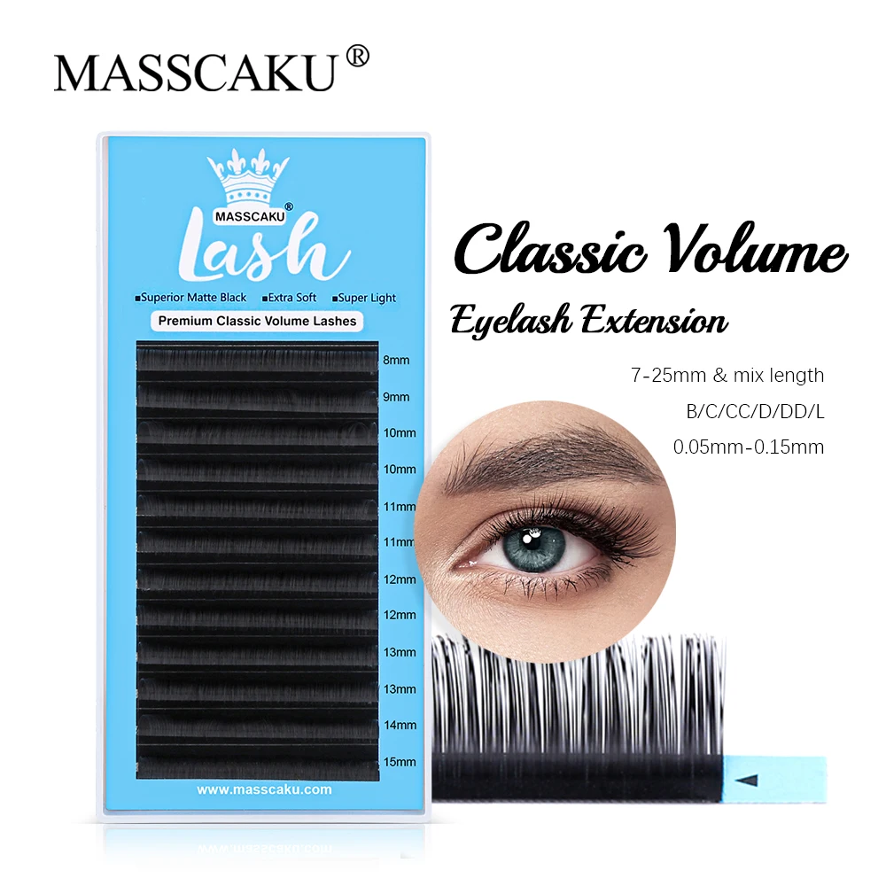 

MASSCAKU 12 Rows Korea Silk Volume Handmade Lashes Tray False Mink Dark Black Matte Classic Regular Eyelash Extension Supplies