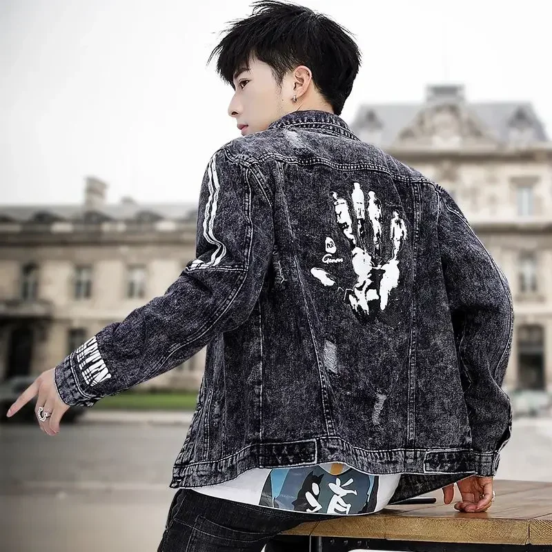 

Male Jean Coats with Hole Ripped Men's Denim Jacket Punk Rock Menswear Size L G Casual Loose Joker One Piece Washed Trendy Large