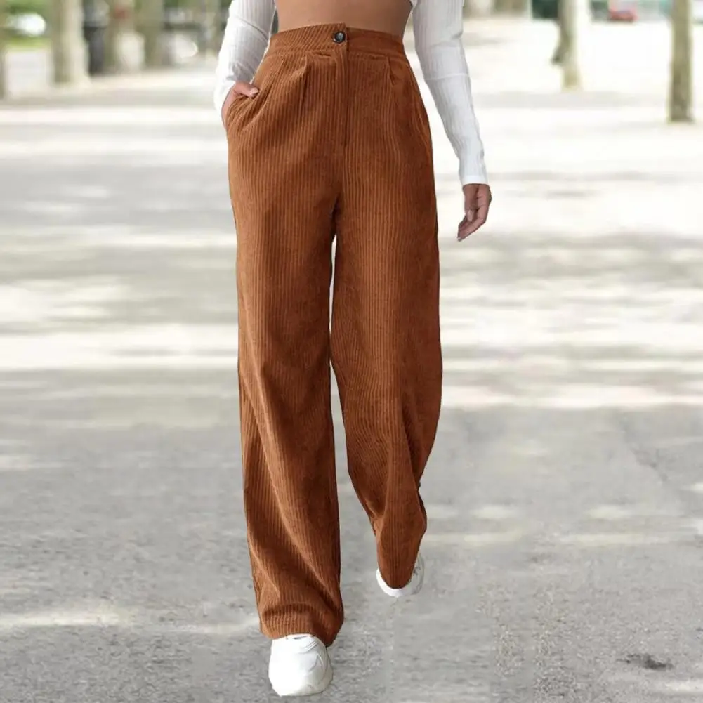 

Women Autumn Winter High Waist Casual Long Pants Solid Color Pockets Straight Wide Leg Button Zipper Fly Trousers
