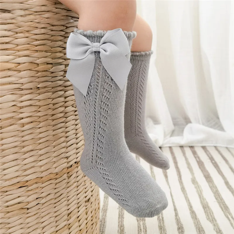 Cotton Socks Children Socks Summer Kids Knee High Socks Baby Girls Boys Bow Long Sock Soft Cotton Mesh Breathable Children Hollow Out Socken 0-7 Years