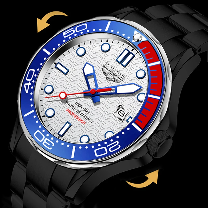 LIGE Fashion Men Watch Casual Sport Waterproof Men's Quartz Wristwatches Top Brand Luxury 360° Rotating Bezel Design Watch Men