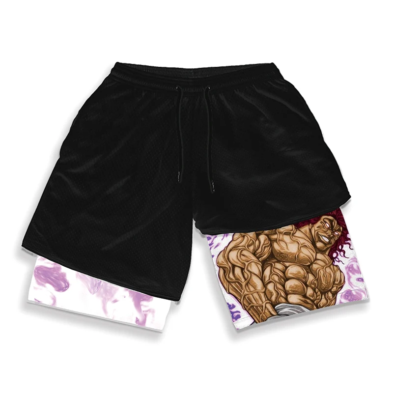 Sports Shorts Quick Drying Shorts Sport Shorts Running Shorts Casual Shorts Men's Anime Hanma Baki Fitness Shorts Printed Black Double Layer 2 In 1 Quick-drying Shorts Fitness Running Sports Summer