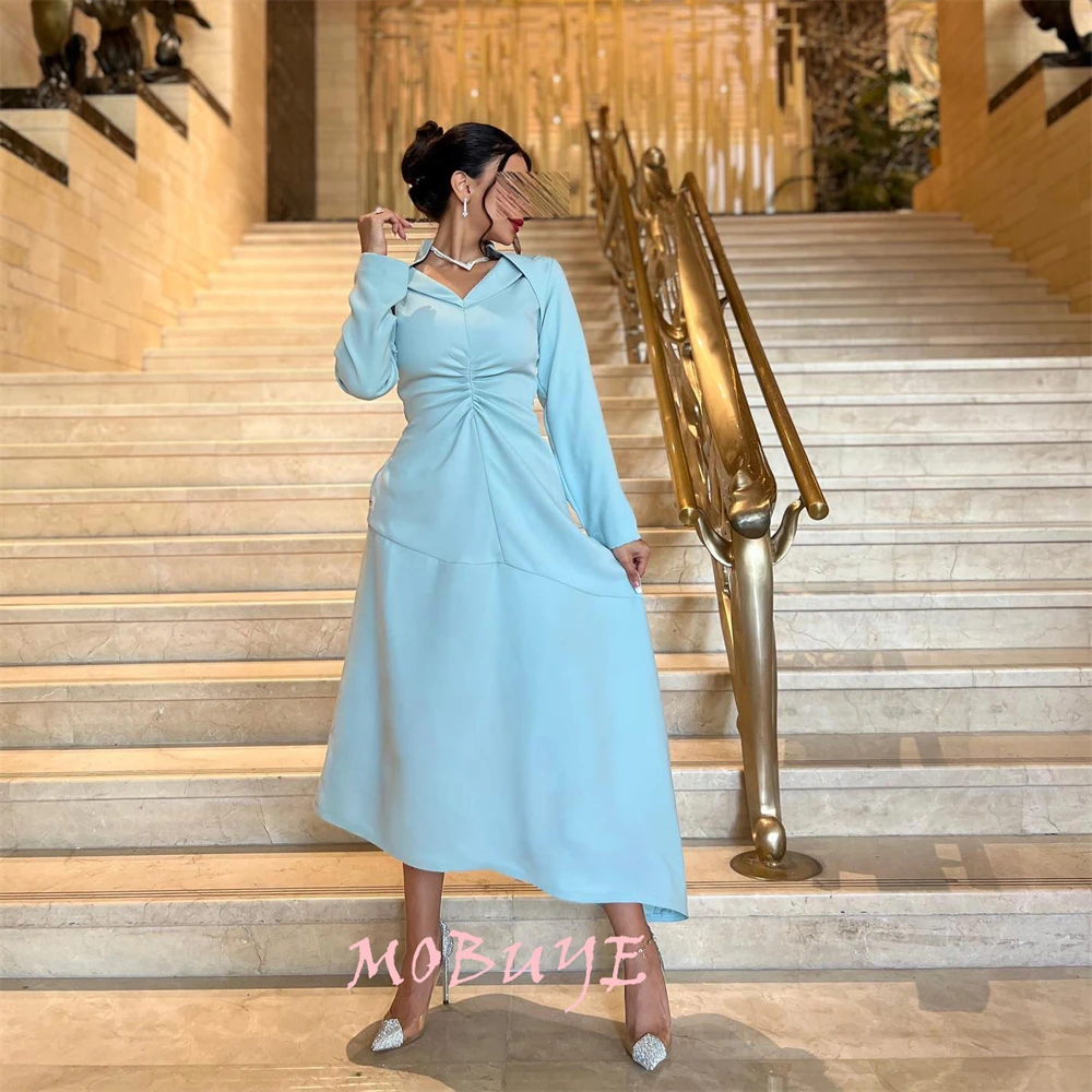 

MOBUYE 2024 Popular V Neckline Prom Dress Tea-Length With Long Sleeves Evening Fashion Elegant Party Dress For Women