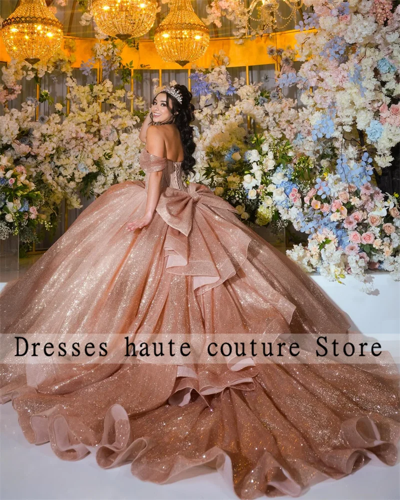 Mexico Rose Gold Ball Gown Tulle Quinceanera Dresses 2025 Bow