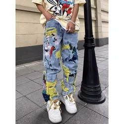 Men's American Heavy Industry Embroidered Perforated Jeans 2024 New Original American Street Pants Ripped Men Jeans