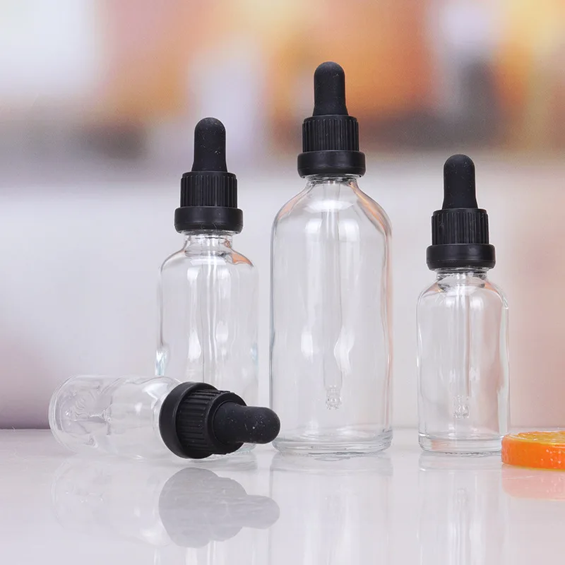 5/10/15/20/30/50/100ml Reusable Essential Oil Bottle Black Plastic Rubber Head Dropper Black Cap Clear Glass Cosmetic Container 1ml2ml3ml ball essence bottle clear glass perfume dispenser bottle reusable travel bottle 50 per box free accessories tools