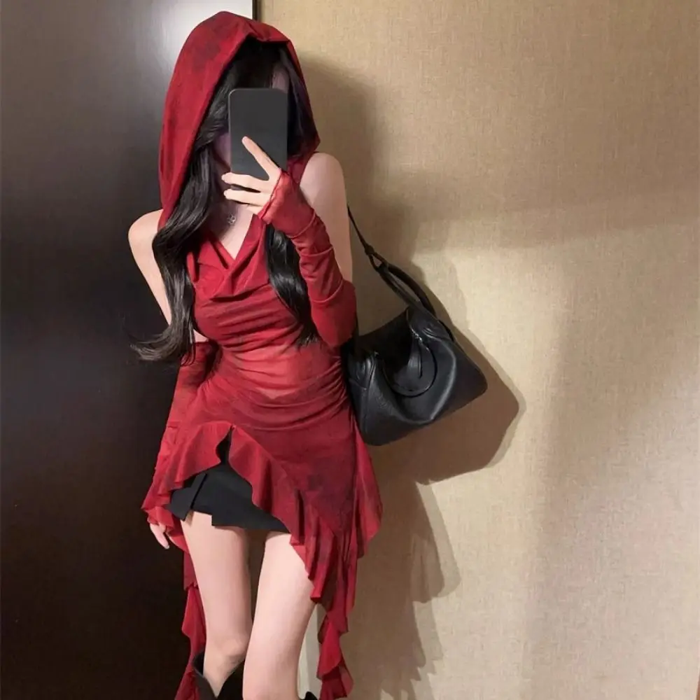 Y2K Tees Ruffle Long Sleeve Shirt Mesh Hooded T-shirt Vintage Gothic Hooded Square Neckline Design with Sleeves Long Sleeve Tops