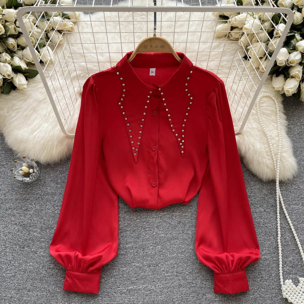 

Autumn New Design Sense Niche Beaded Lapel Fashionable All-match Solid Color Long-sleeved Shirt