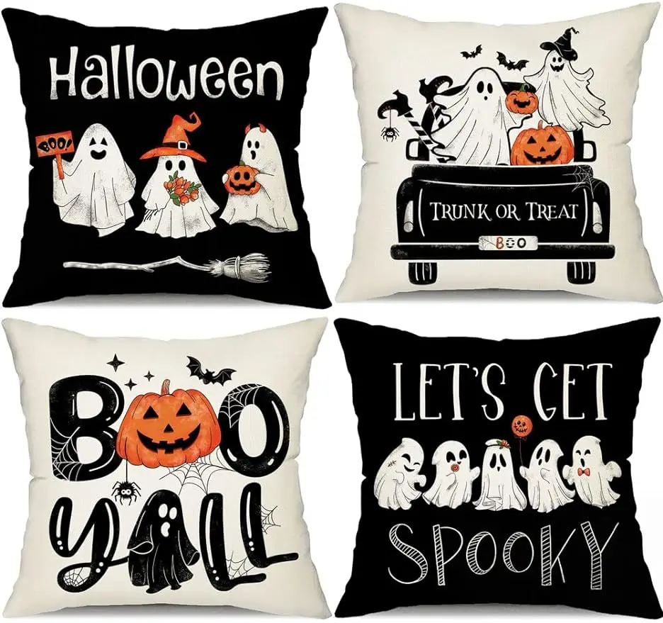 Federa decorativa per cuscino con zucca di Halloween, morbida e