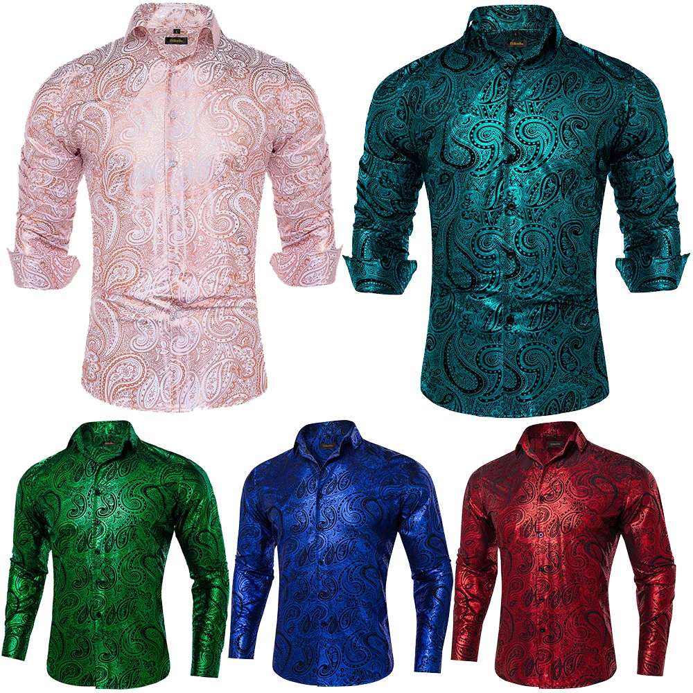 Paisley Print Silk Dress Shirts for Men Long Sleeve Social Men Clothing Tops Slim Fit Blouse mens dress shirts