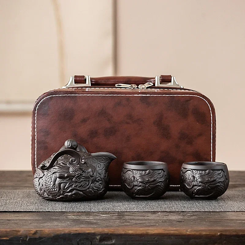 Dragon Teapot Portable Fu Kung Tea Set Teapot [1 + 2 Set] Cups Chinese Porcelain Tea Sets Ceramic Yixing Purple Clay Kettle