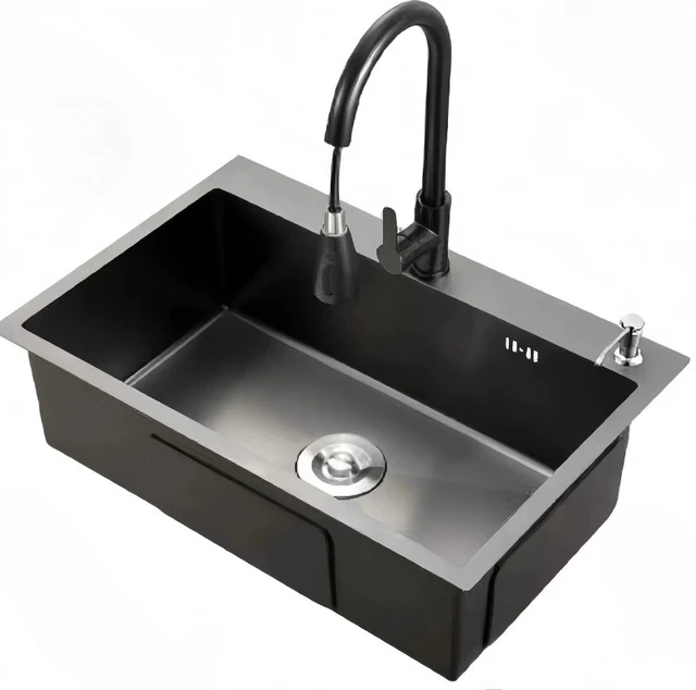 อ่างล้างจานสแตนเลส 304 สีดำ แบบหลุมเดียว พร้อมก๊อกน้ำแบบดึงออกได้ เคลือบนาโนป้องกันรอยขีดข่วน ทำความสะอาดง่าย สำหรับใช้ในครัวเรือนและเชิงพาณิชย์ 1