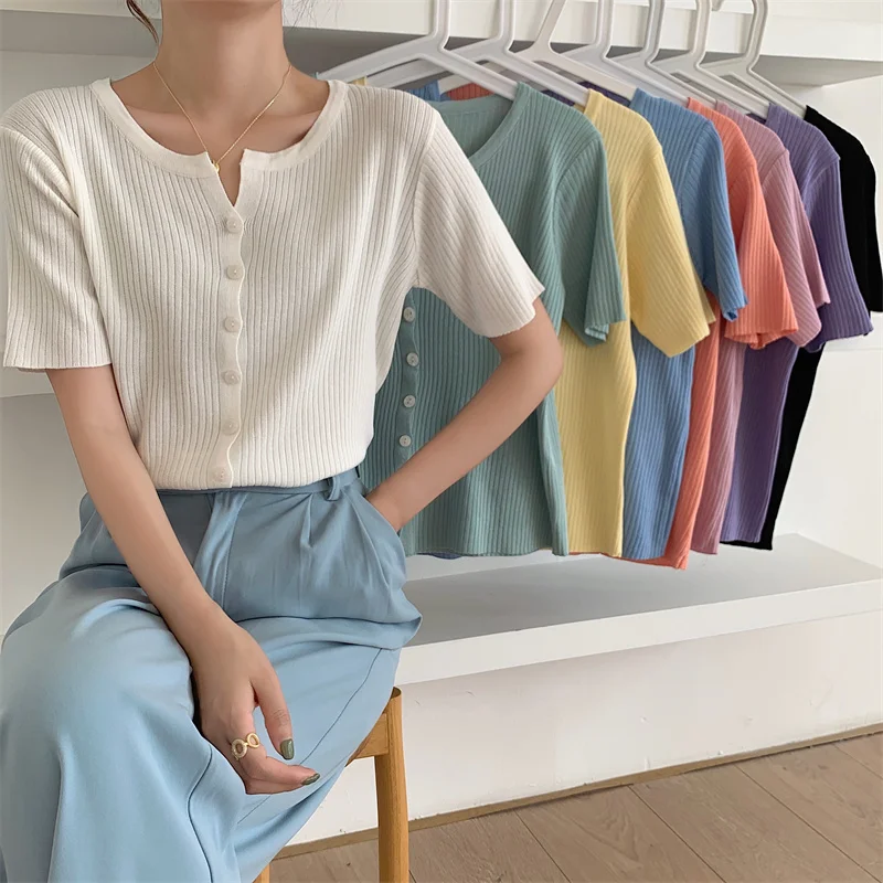 

2023 Summer Simple Korean Style Chic Knitted Cardigan Tops Fashion Casual Thin Short Sleeve T-shirt Female Elegant Solid T Shirt