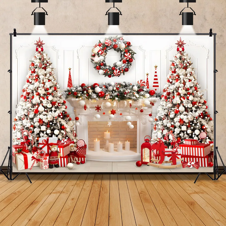 Toile De Fond Photo Noël - Cheminée Vintage 210x150 Cm - Décoration Fête, Studio, Shooting Famille - Design Haute Résolution