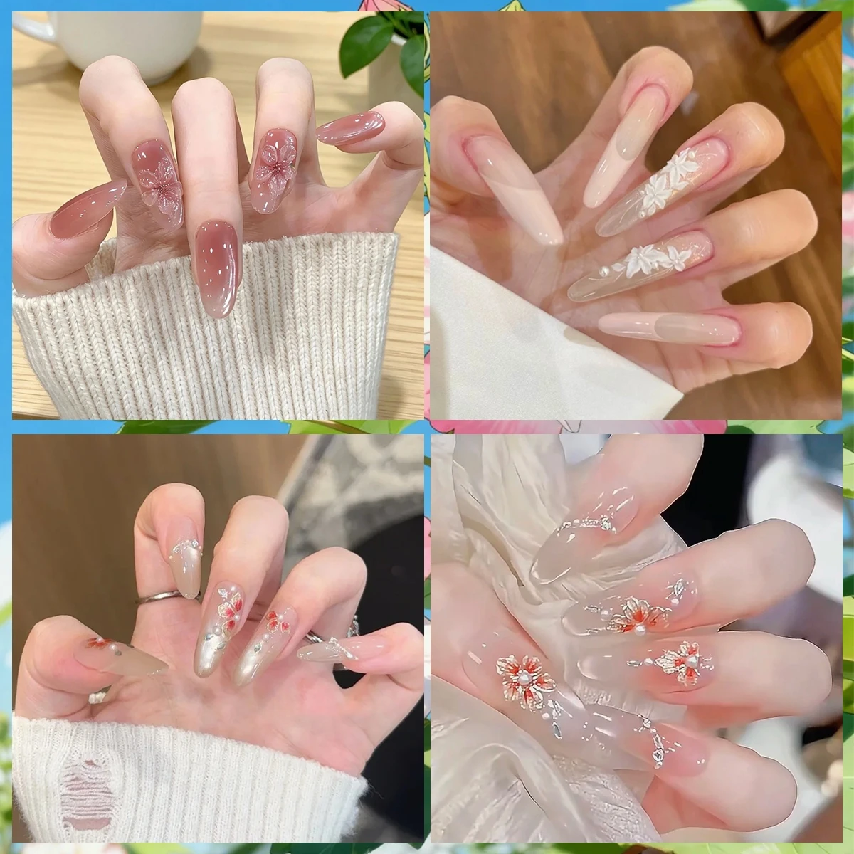 416장 3D 화려한 꽃 네일 스티커 작은 꽃송이 자가 접착식 꽃무늬 네일 데칼 봄 DIY 매니큐어