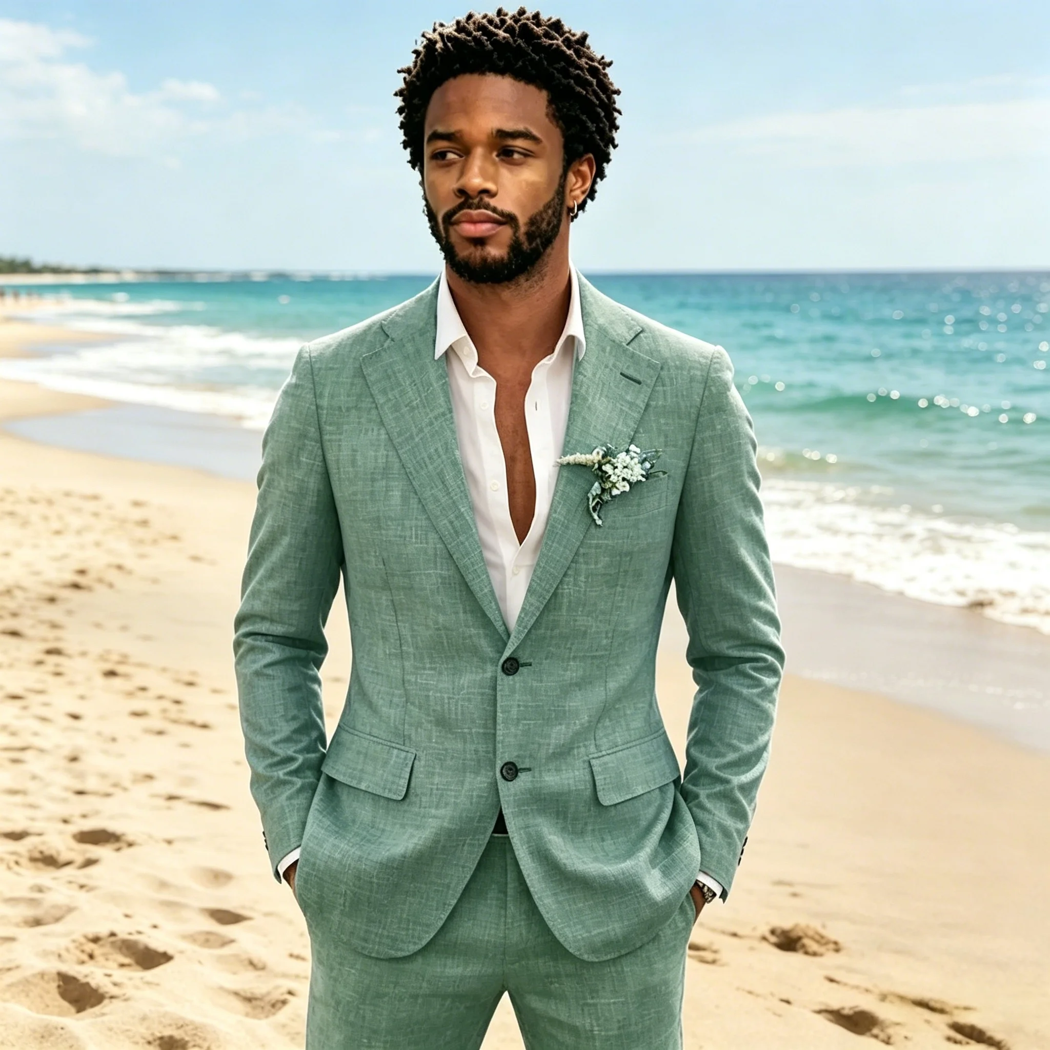 Costume décontracté en lin bleu ciel pour homme