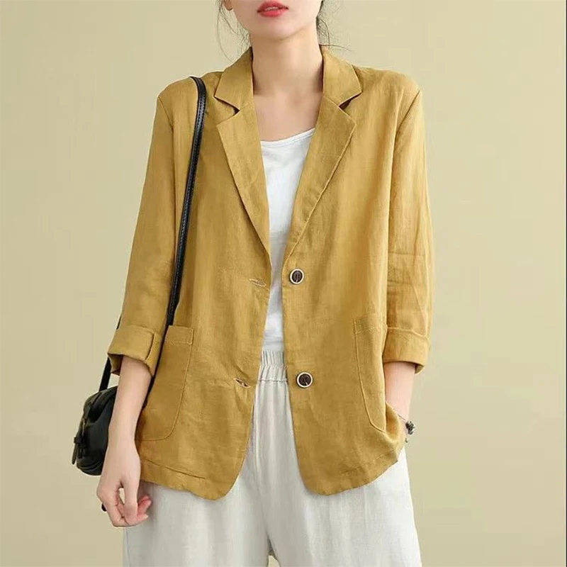 Spring Autumn Cotton Linen Loose Casual Blazers Female Long Sleeve Elegant Fashion Cardigan Suit Women's All-match Coat Jacket