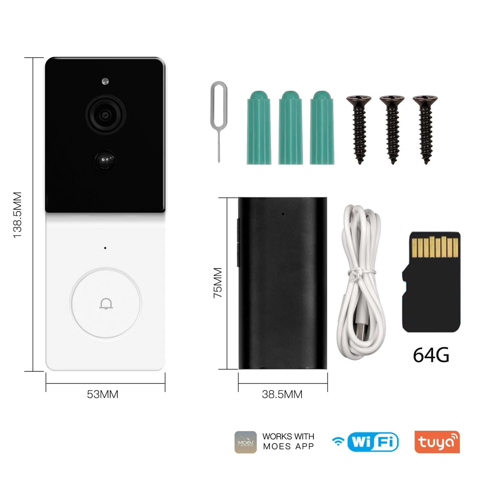 Moes tuya 1080p חכם wifi וידאו דלת מצלמת אינטרנט אלחוטי 2-way אודיו אינטרקום אודיו עם כרטיס Sd 64 gb, אבטחה ביתית