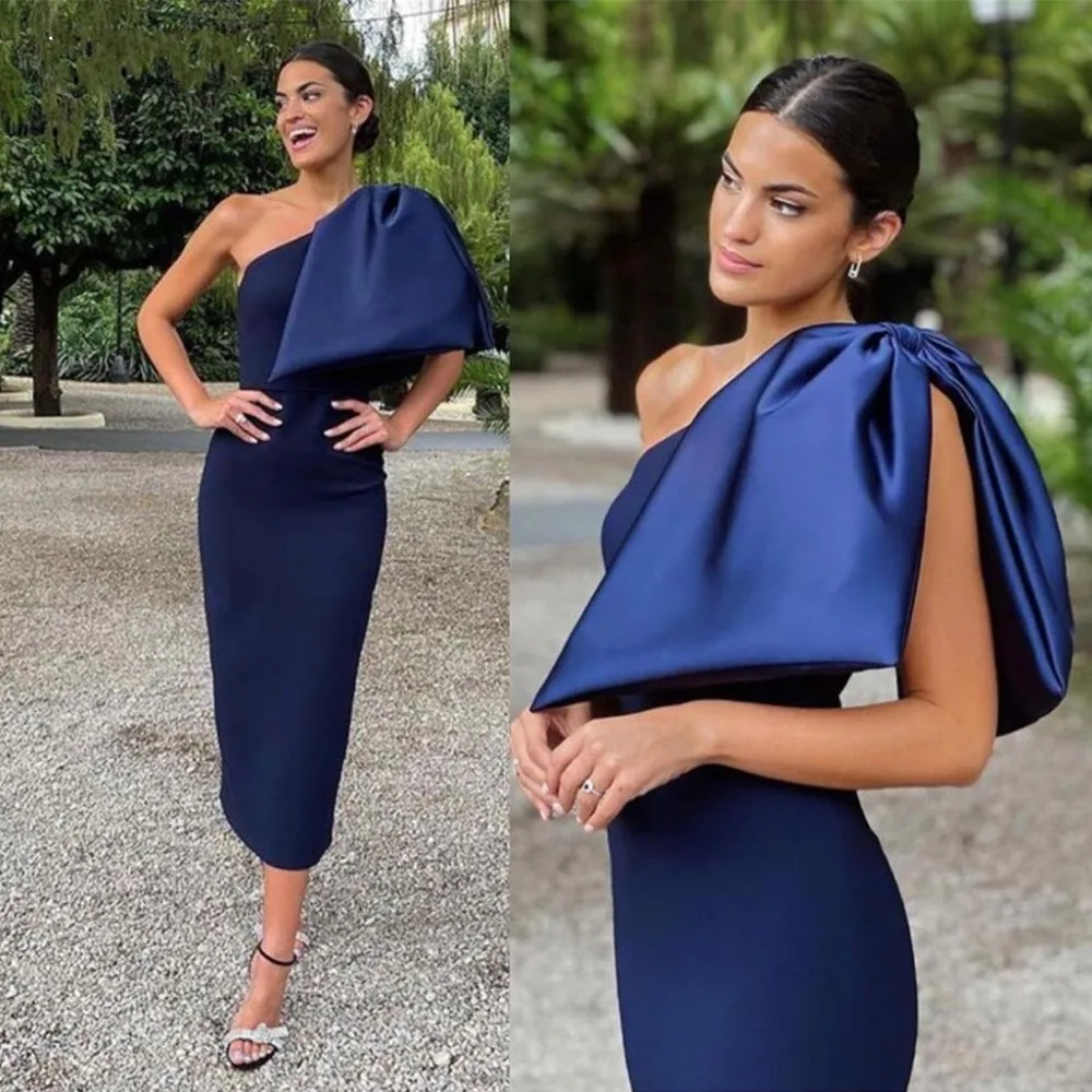 

Chic Navy Blue Formal Dress Tea Length Evening Gowns Removable Bowknot One Shoulder Satin Women Party Prom Vestidos De Noche