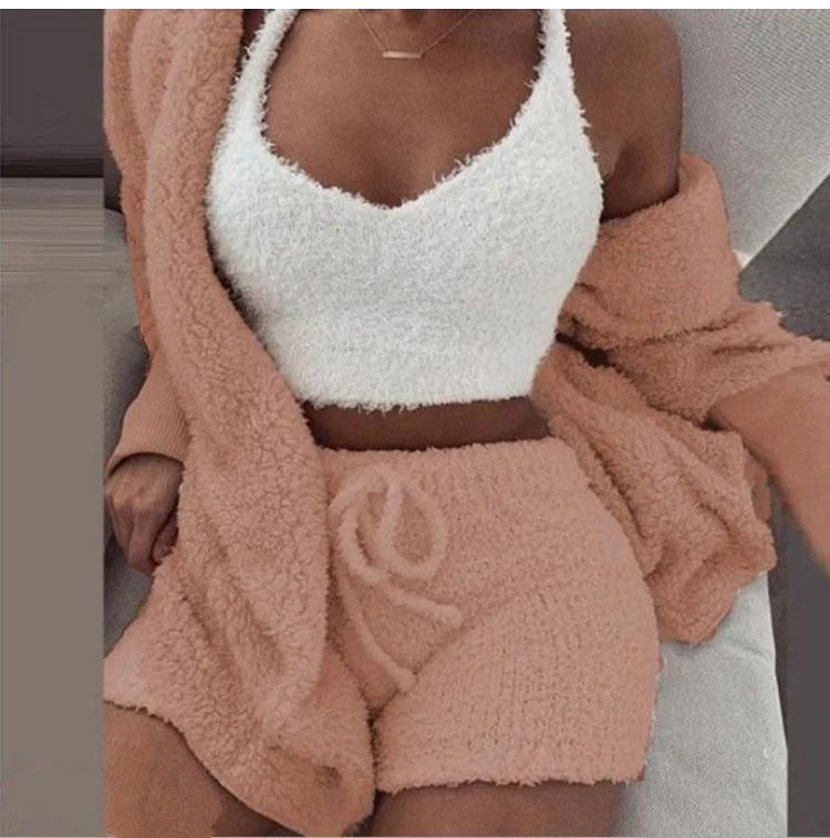 Sexy Fluffy Outfits Plush Velvet Hooded Cardigan Coat+Shorts+Crop Top Three Piece  Women Tracksuit Sets Casual Sports Sweatshirt loungewear sets