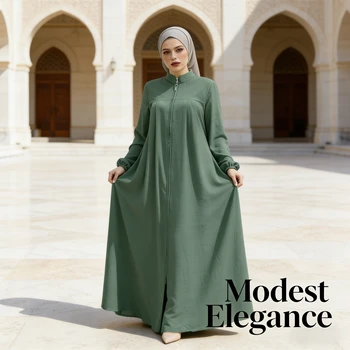 New Muslim Women Dress Middle East Arab Style Stand Collar Zipper Cardigan Pocket Elegant Loose Daily Wear Modest Robe