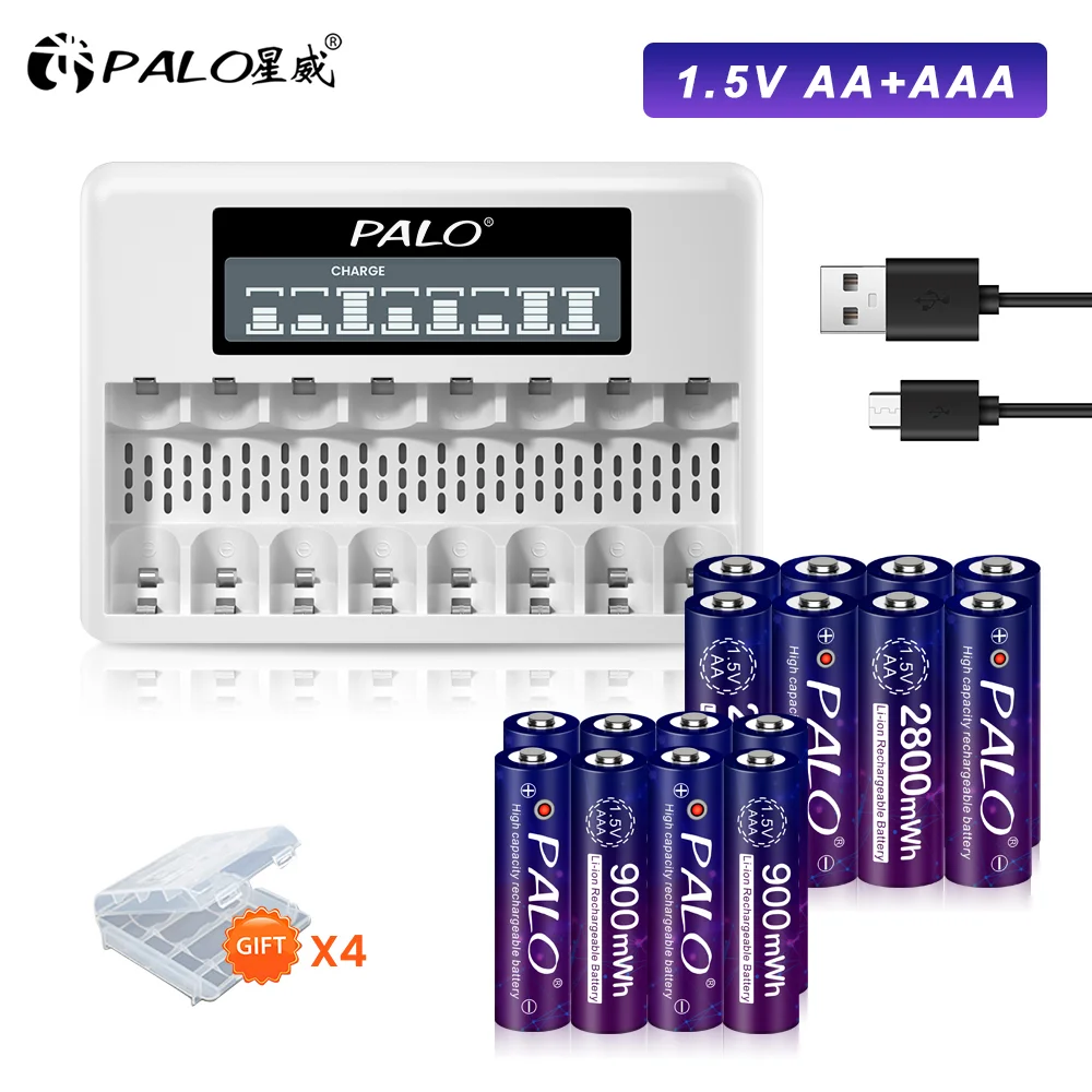 

PALO 1.5V AA 2800mWh AAA 900mWh Li-ion Rechargeable Battery 2A 3A 1.5V Lithium Li-ion Rechargeable Battery Bateria 1.5V AA + AAA