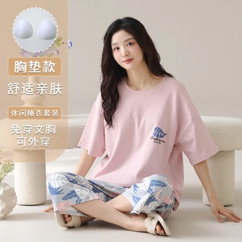 Big Size M-5XL Summer Short Sleeve Sleepwear With Chest Pad 100%Cotton Women Pajamas Set Female Casual Pijamas Mujer