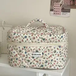 Vintage Floral Quilted Cotton Makeup Tote - Portable Cosmetic Storage Handbag (YELLOW)